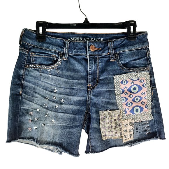American Eagle Altered Hand Embroidered Shorts Sashiko, Boro, Patchwork,… - Picture 2 of 16